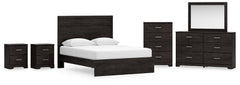 Queen Panel Bed with Mirrored Dresser, Chest and 2 Nightstands