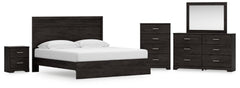 King Panel Bed with Mirrored Dresser, Chest and Nightstand