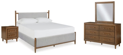 King Upholstered Bed with Mirrored Dresser and Nightstand